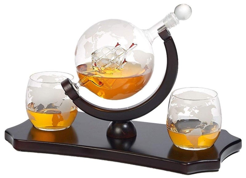 Bezrat Globe Whiskey Decanter Set - + 2 Whisky Glasses on Rich Wood Classic Mahogany Base Tray - Gift Packaging - Antique Ship Whiskey Dispenser for Liquor Scotch Bourbon - Christmas Holiday Gift - Image 1